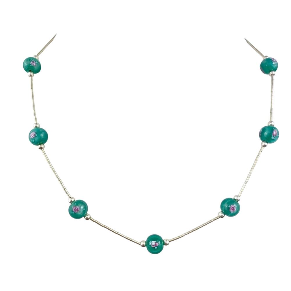Green Floral Design Glass Bead Station Necklace | NWOT Sterling Silver 925 | 16"